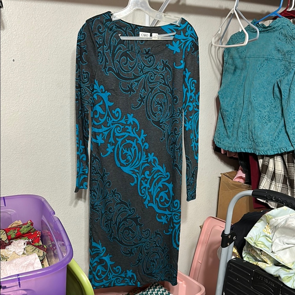 Cato Black and Blue Dress Long Sleeve Crew Neck